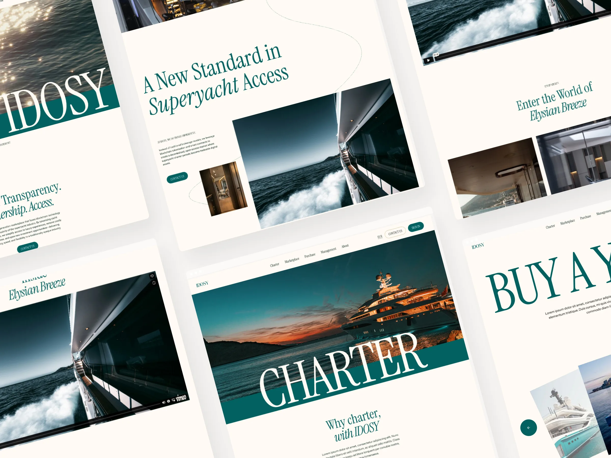 Angled collage of IDOSY marketing pages with serif headlines over superyacht photography
