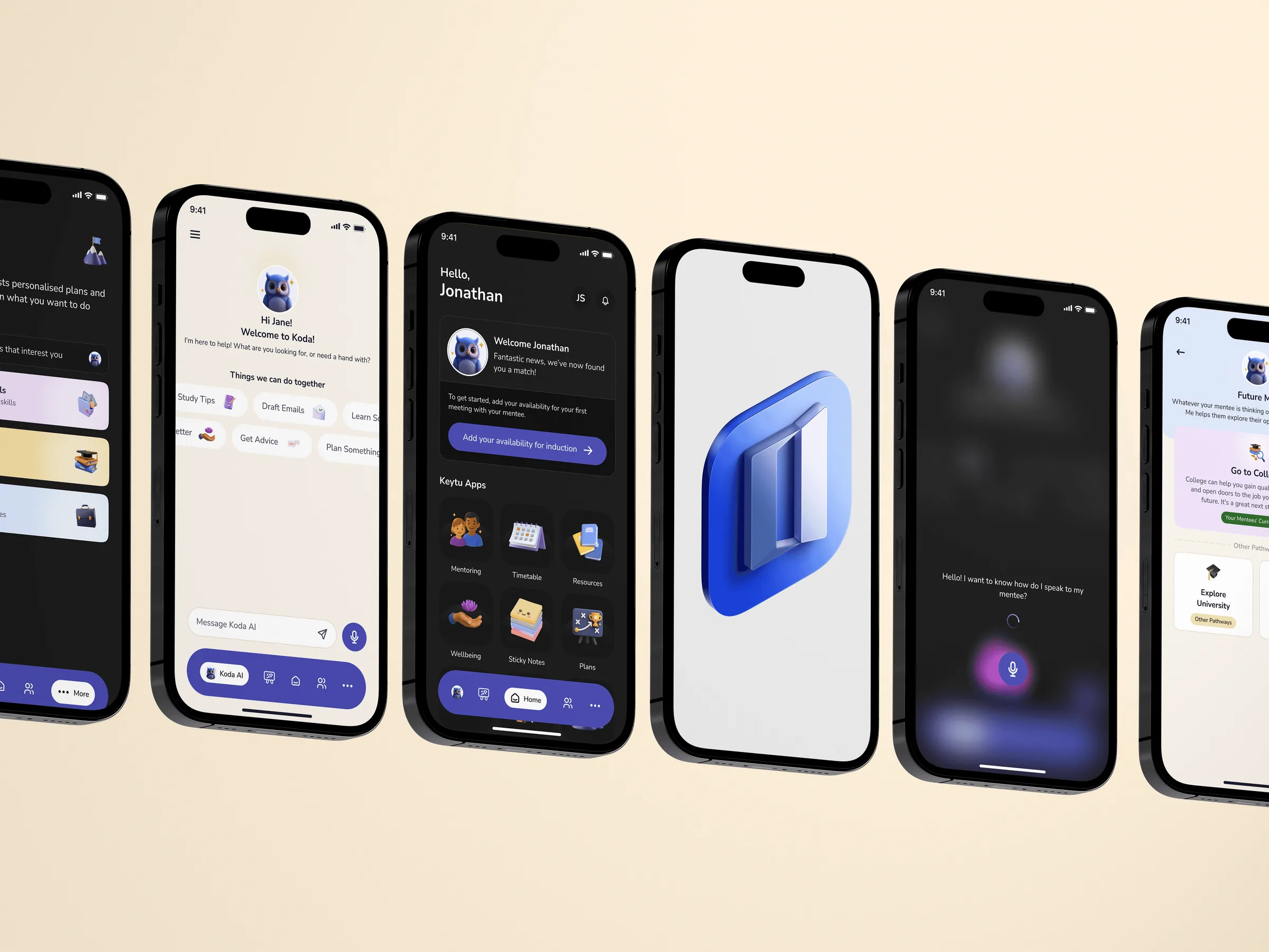 Row of phones showing KeyTu app screens in light and dark mode on a warm cream background