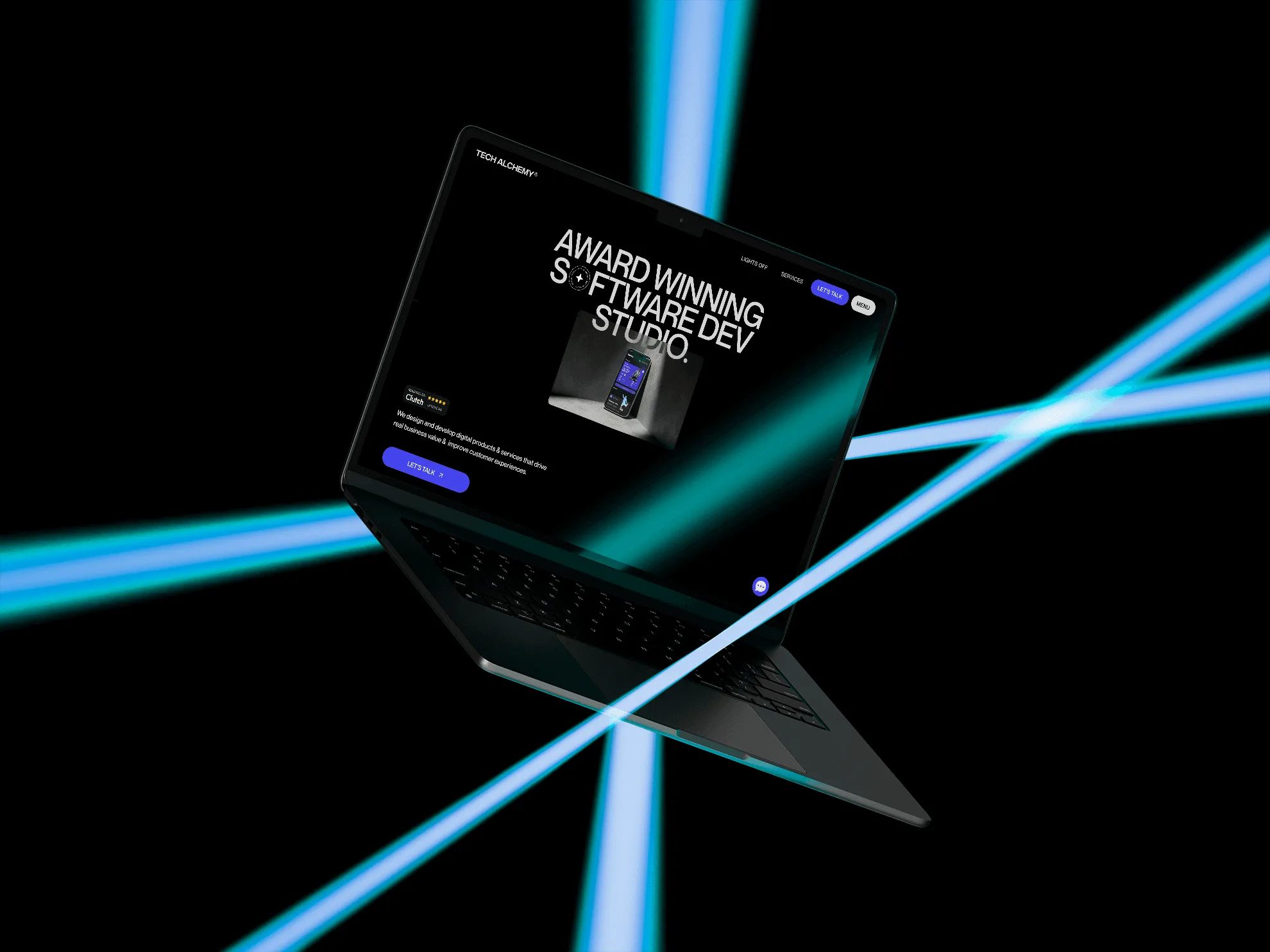 Tech Alchemy homepage on a floating laptop, crossed by beams of cyan light on black