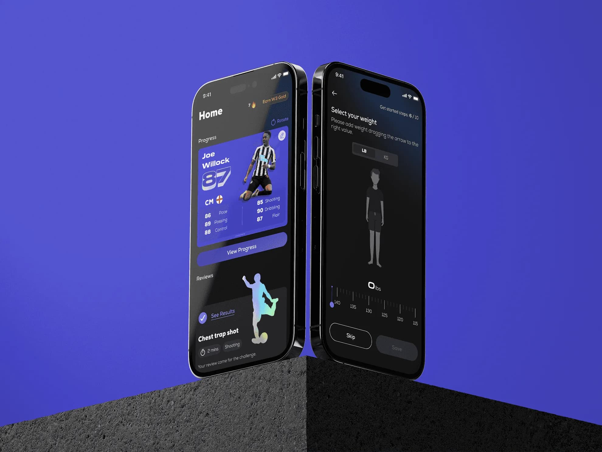Two phones on a stone plinth against violet, showing the W3 Sport home screen and weight entry